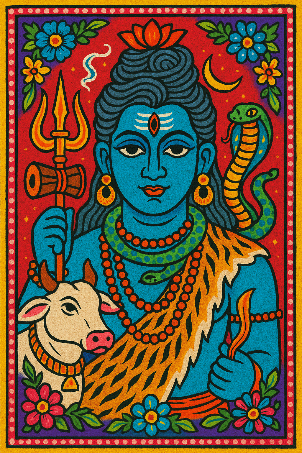 The Hindu god Shiva in a tiger skin, with a cobra around his neck, a third eye on his forehead, holding weapons, with his Nandi bull nearby