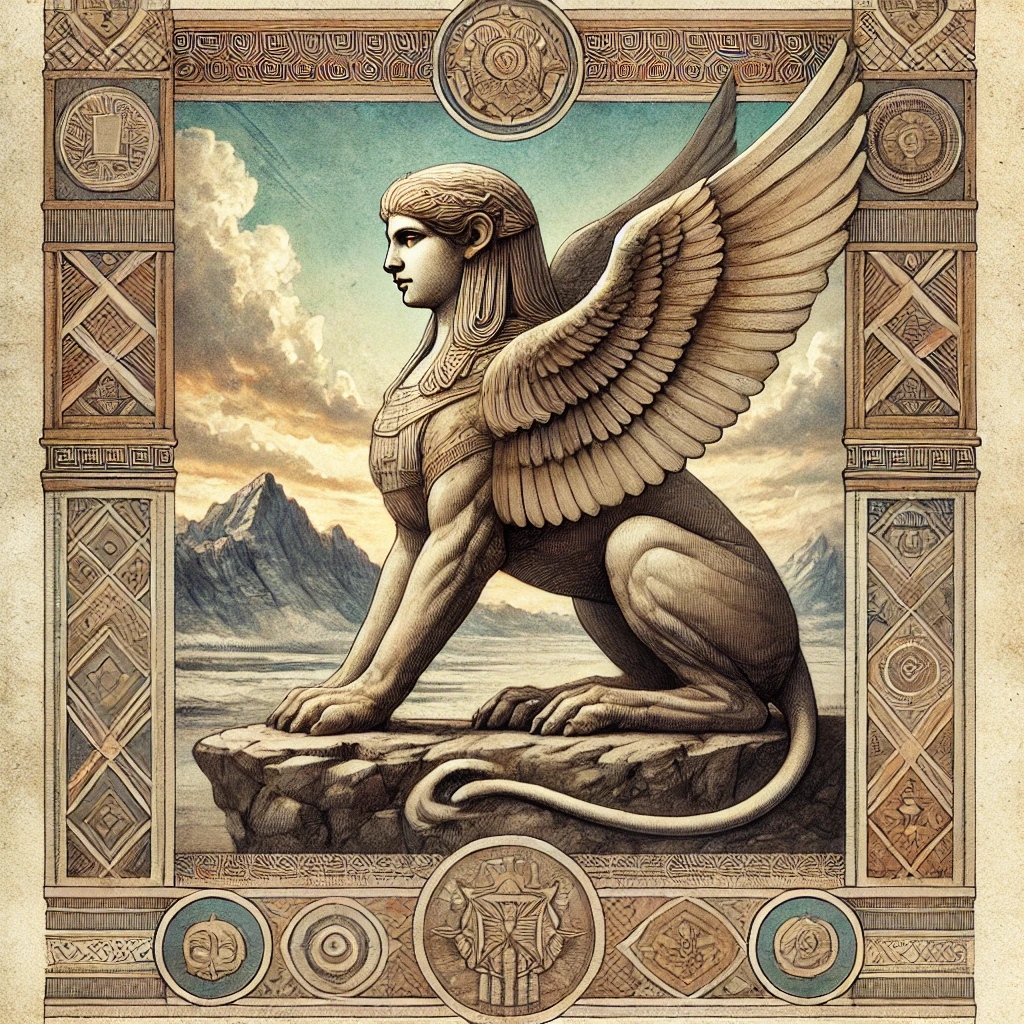 A sphinx, with the head of a woman, wings and body of a lion, sits on a stone outcrop