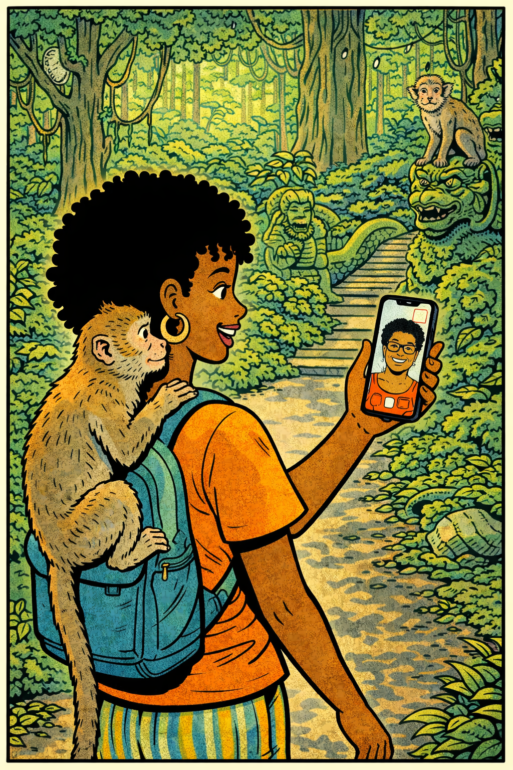 A woman FaceTimes her mother while a monkey clings to her back in the Ubud sacred monkey sanctuary on Bali