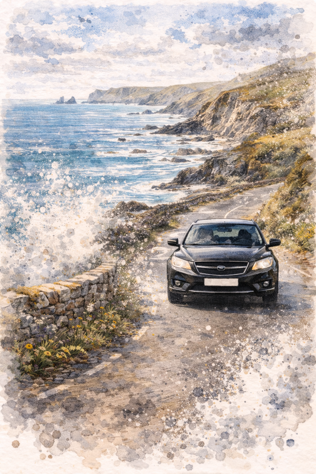 Waves crash, causing spray as a black car drives along the Cornwall coastline