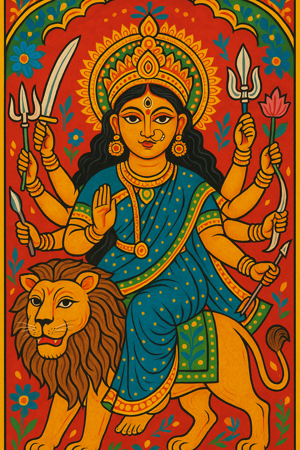 Multi-armed Hindu goddess Durga, holding weapons and riding a lion