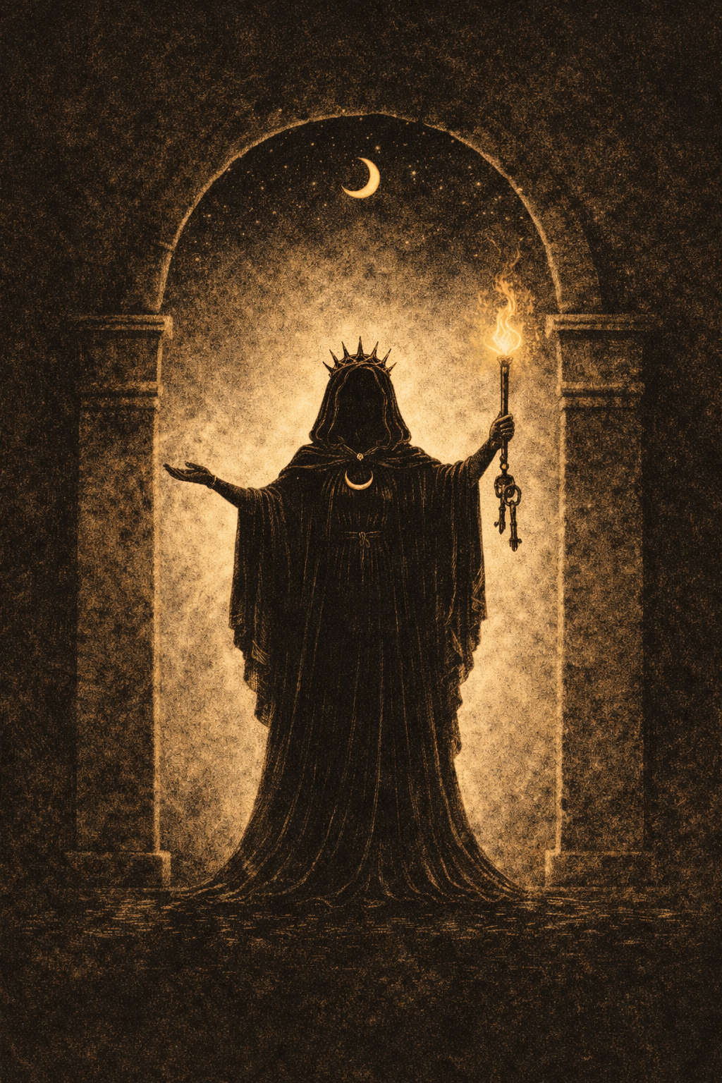 The darkened figure of the goddess Hecate, holding a torch and keys in an archway
