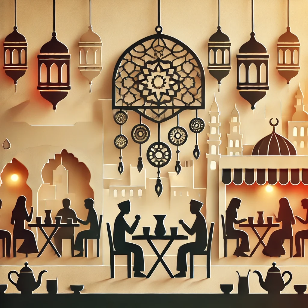 People sit at tables in a Middle Eastern cafe in NYC