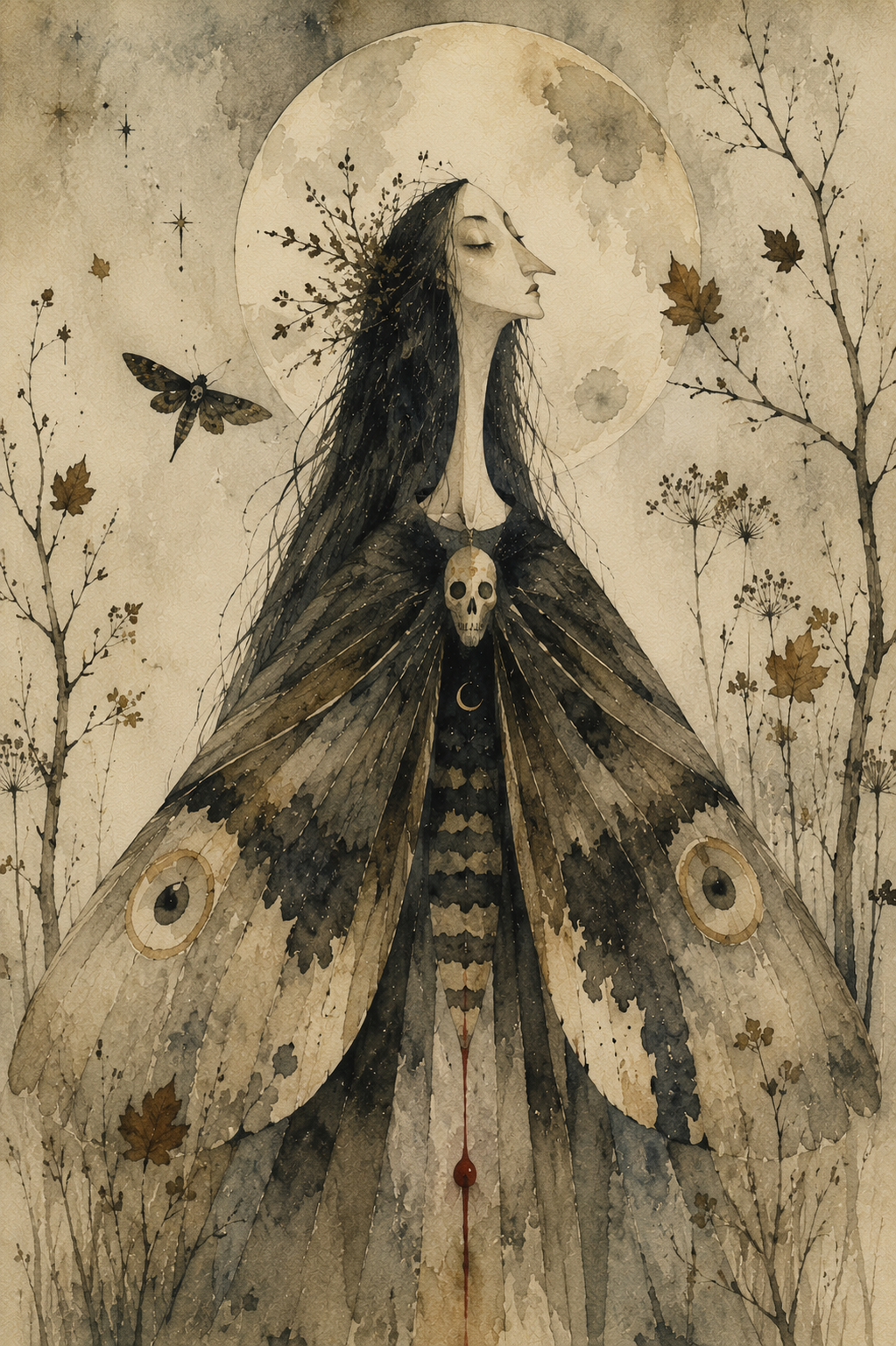 A moth woman with a skull on her chest