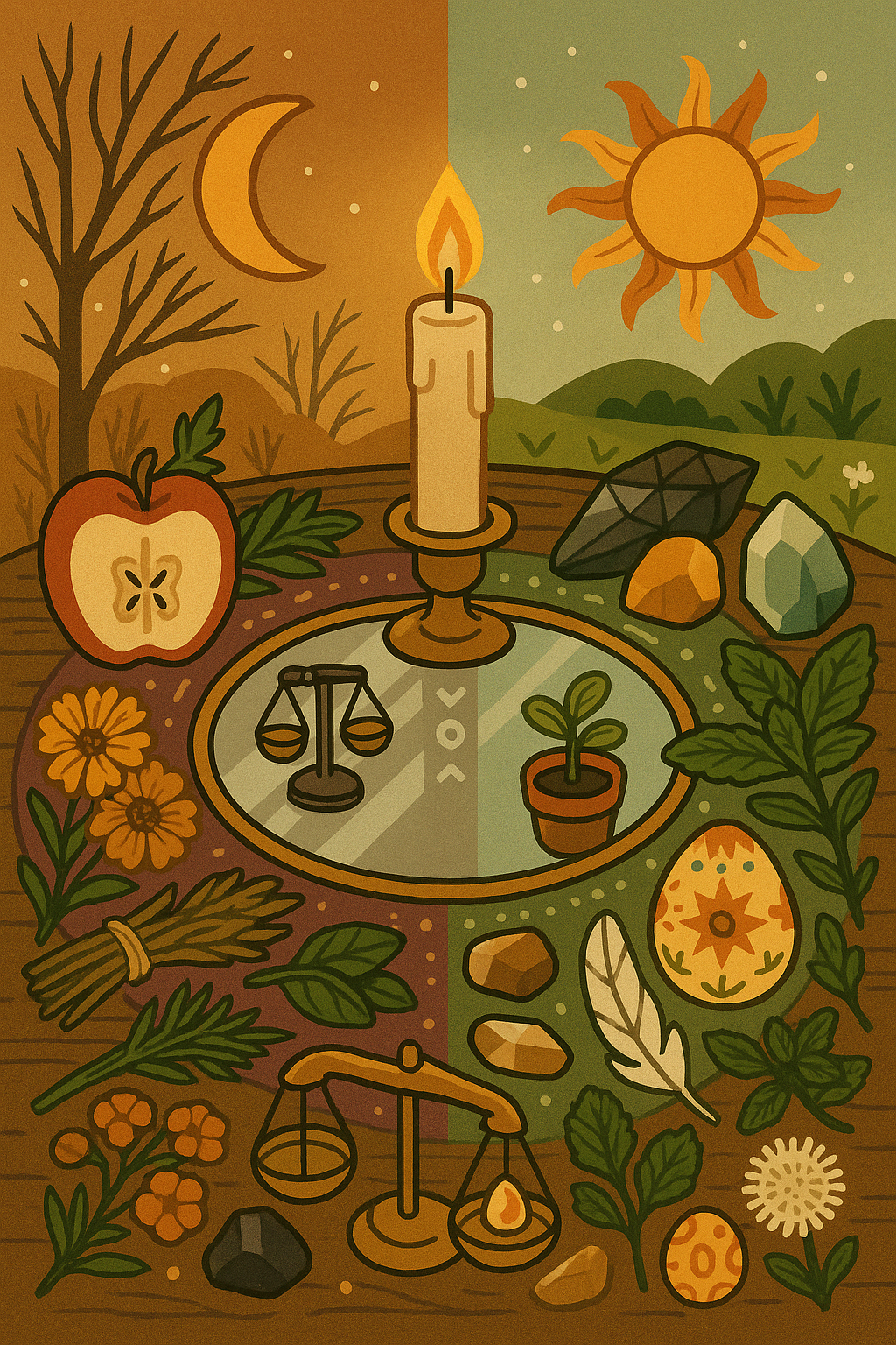 Tools for an equinox ritual: cut apple, bundles of herbs, crystals, a candle, scales, a plant and a mirror
