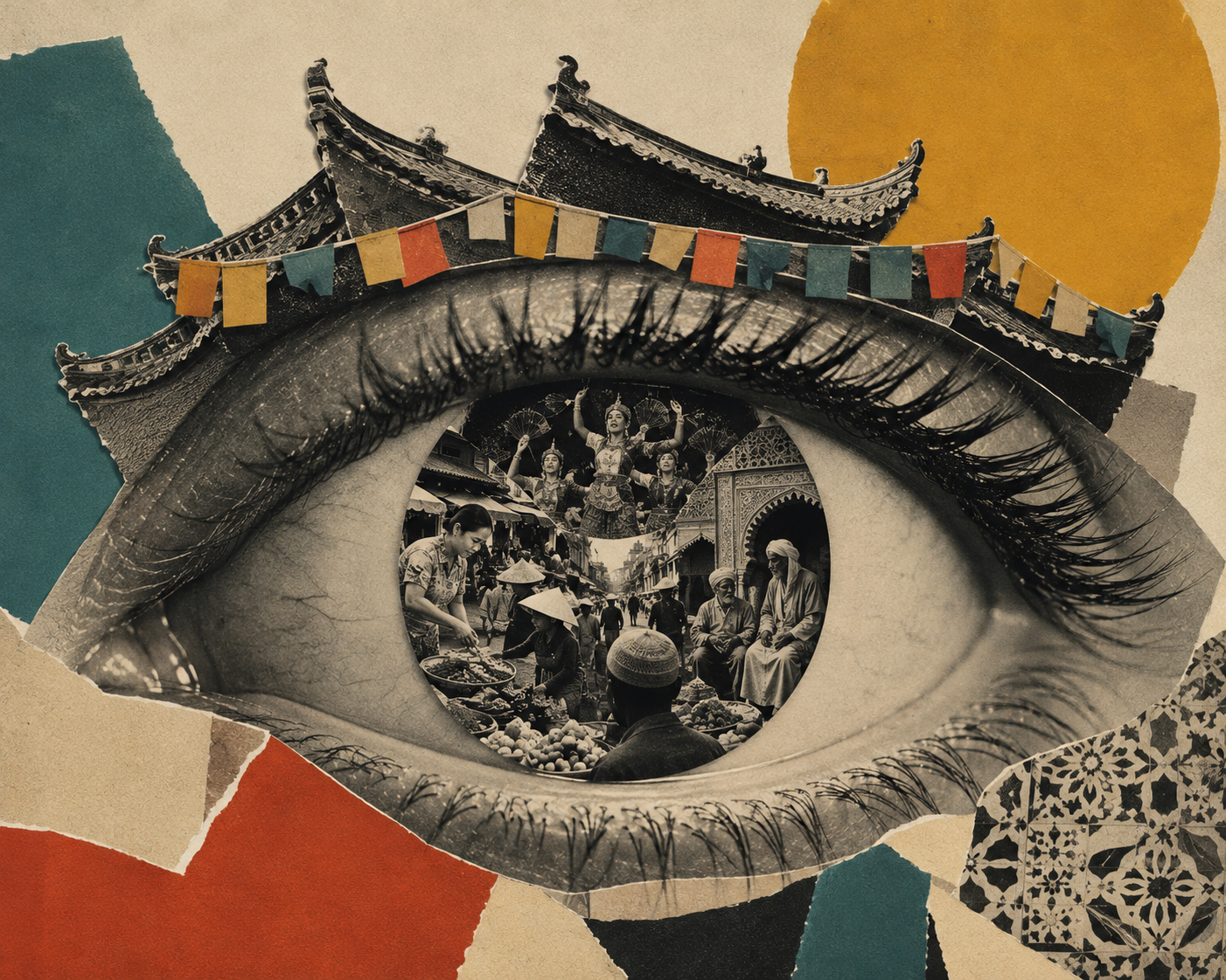 Collage of an eye with temple roofs and banners as eyelashes and images of cultures around the world inside the iris
