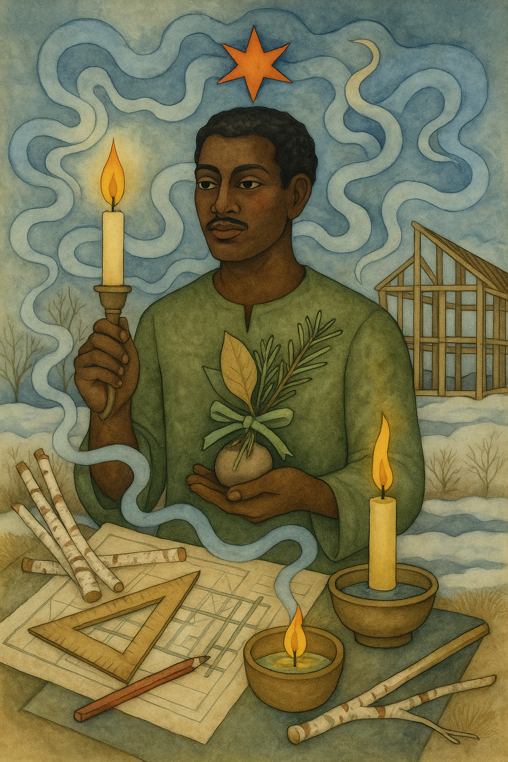The Architect as a tarot card with a house he's building behind him, and blueprint, drafting tools and Imbolc symbols for his spell