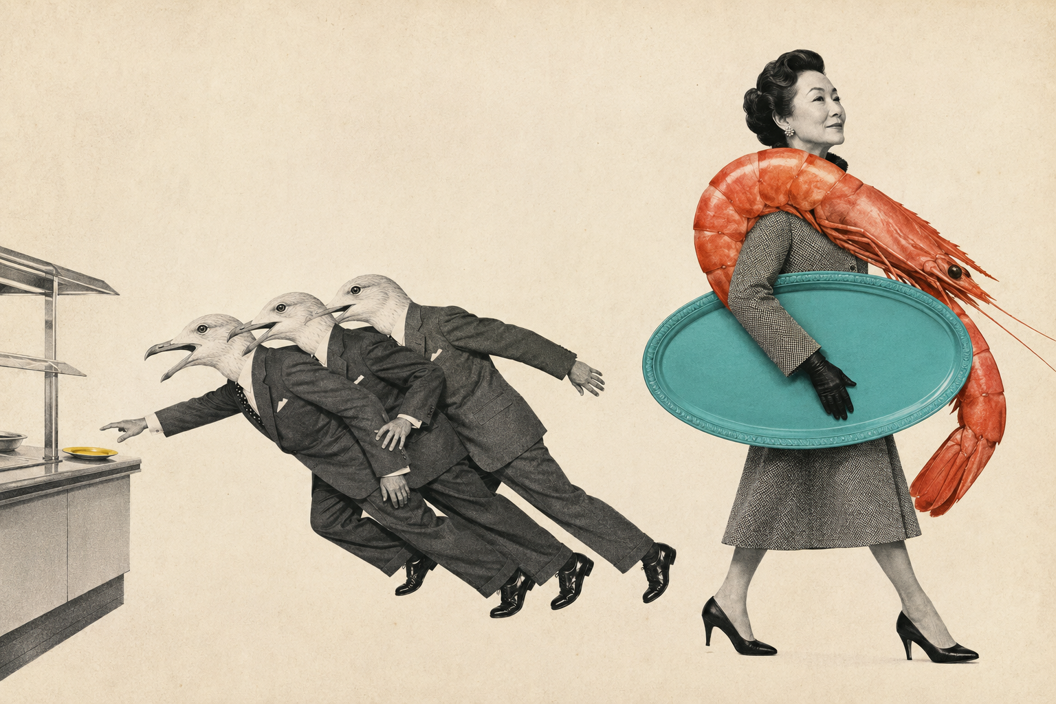 Men with seagull heads race toward a buffet while a woman calmly walks the other way, carrying a tray and wearing a shrimp as a stole