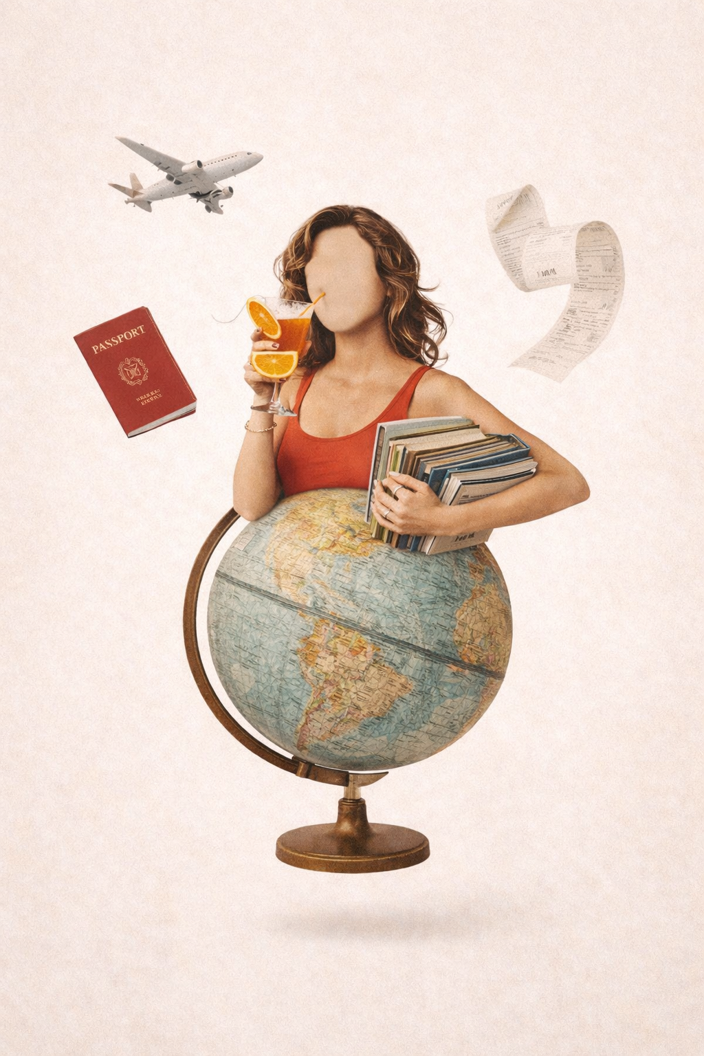 Collage of woman without a face, drinking a cocktail, holding books, her lower body a globe, with a passport, airplane and receipt floating in the air