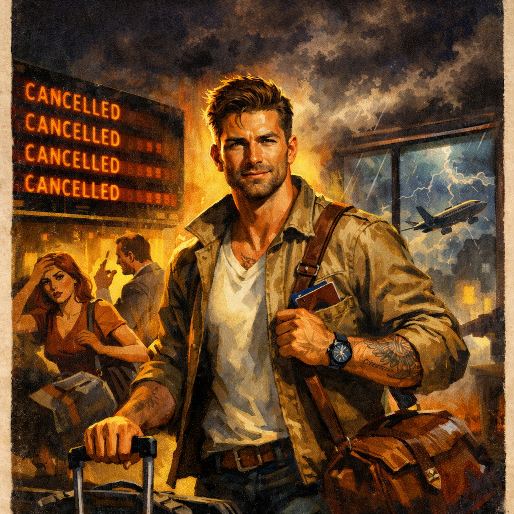 A handsome traveler smiles confidently amid the chaos of canceled flights, a thunderstorm and frazzled passengers