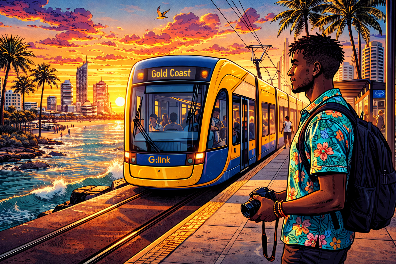 A tram to the Gold Coast approaches a man in a tropical print shirt holding a camera in Queensland, Australia