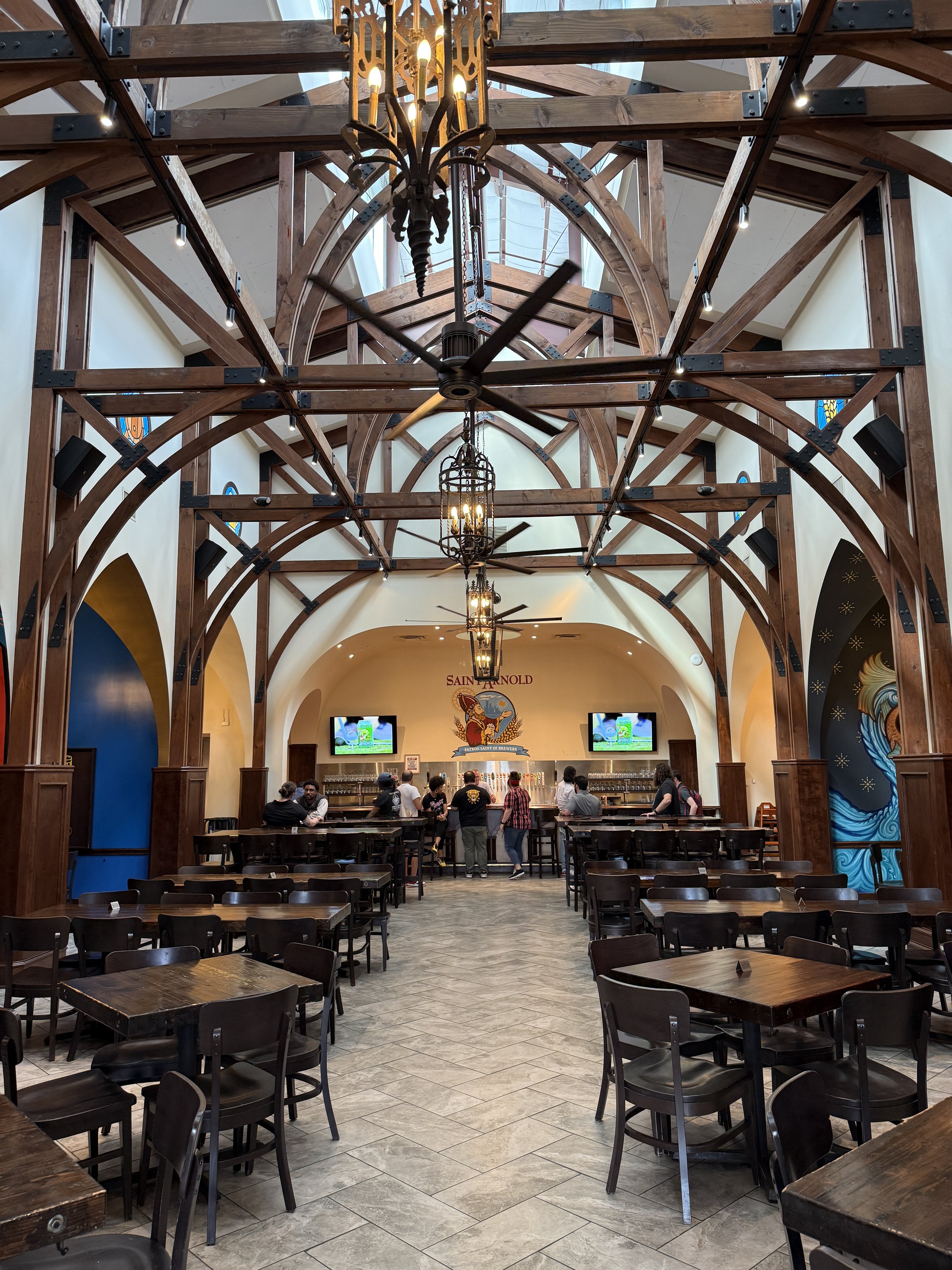 The cathedral-like beamed ceiling at Saint Arnold microbrewery in Houston, Texas