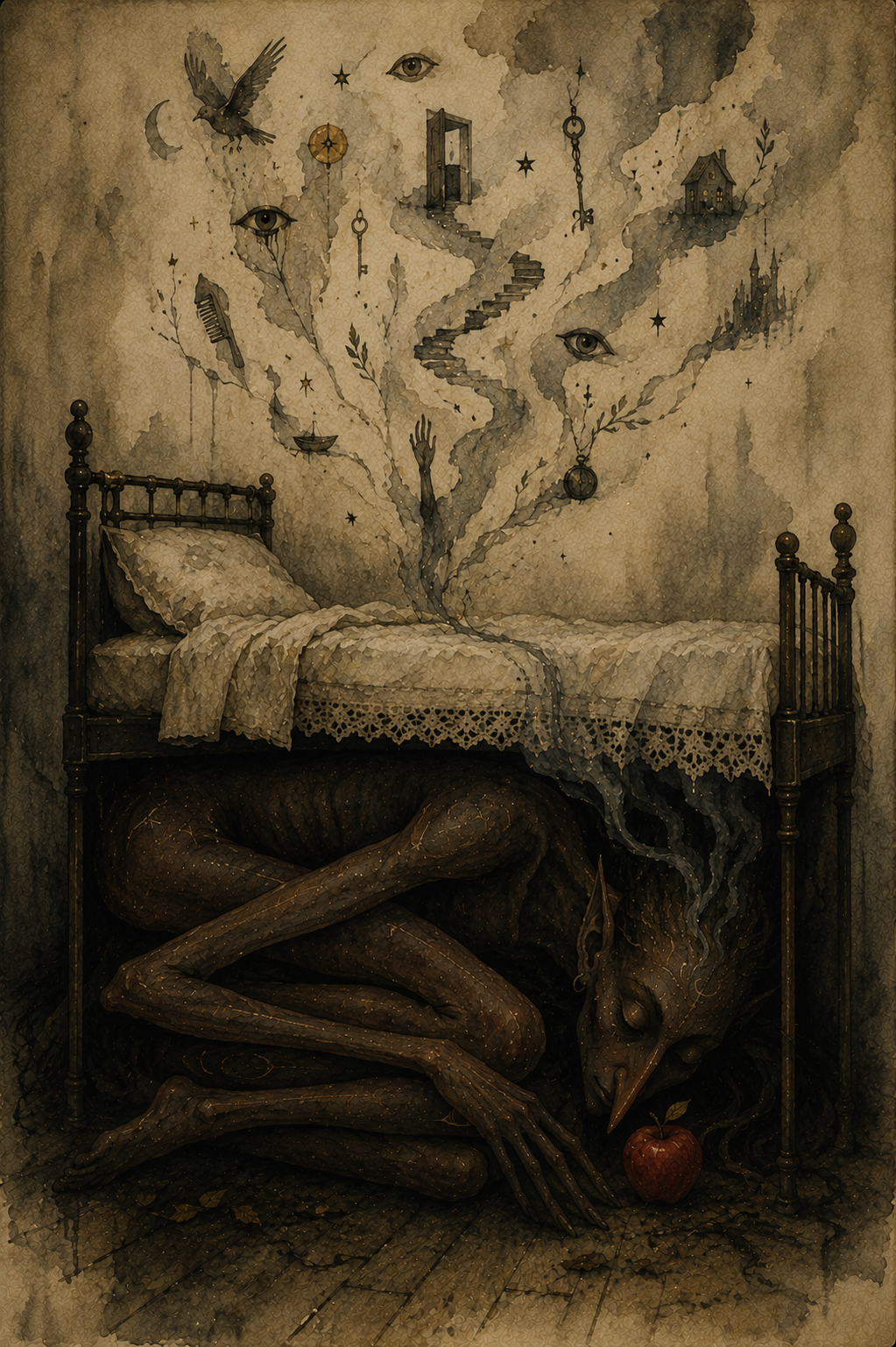 A long-limbed monster with a red apple hides under the bed, where an arm reaches up amid dreamlike motifs of stairs, eyes, a key, a house, a castle, a comb and a bird