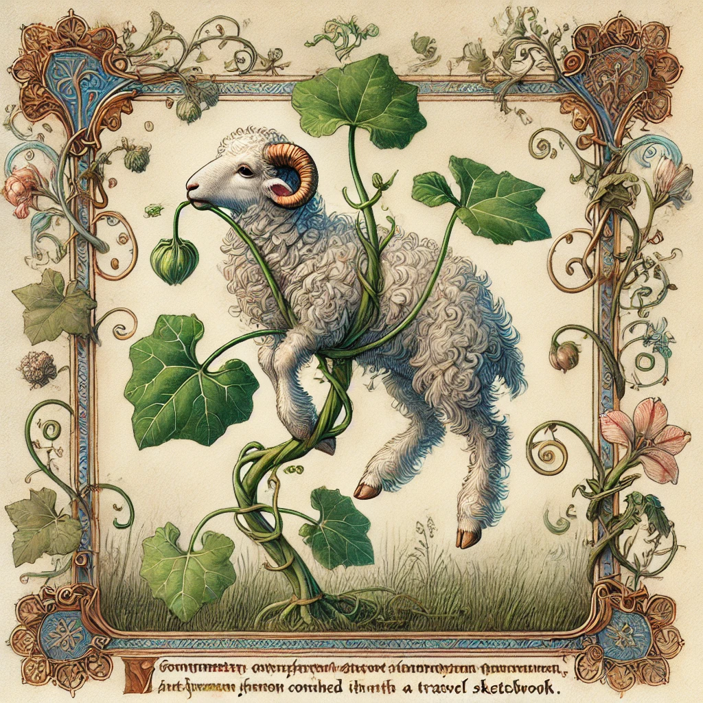 A strange creature called a borometz that looks like a plant with a lamb growing on it