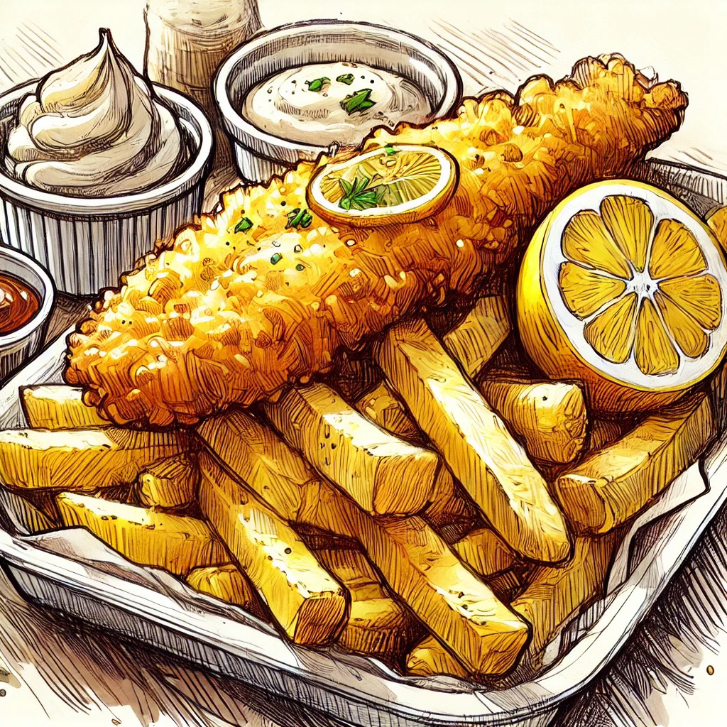 Closeup sketch of fish n chips, with lemon, tartar sauce and other condiments