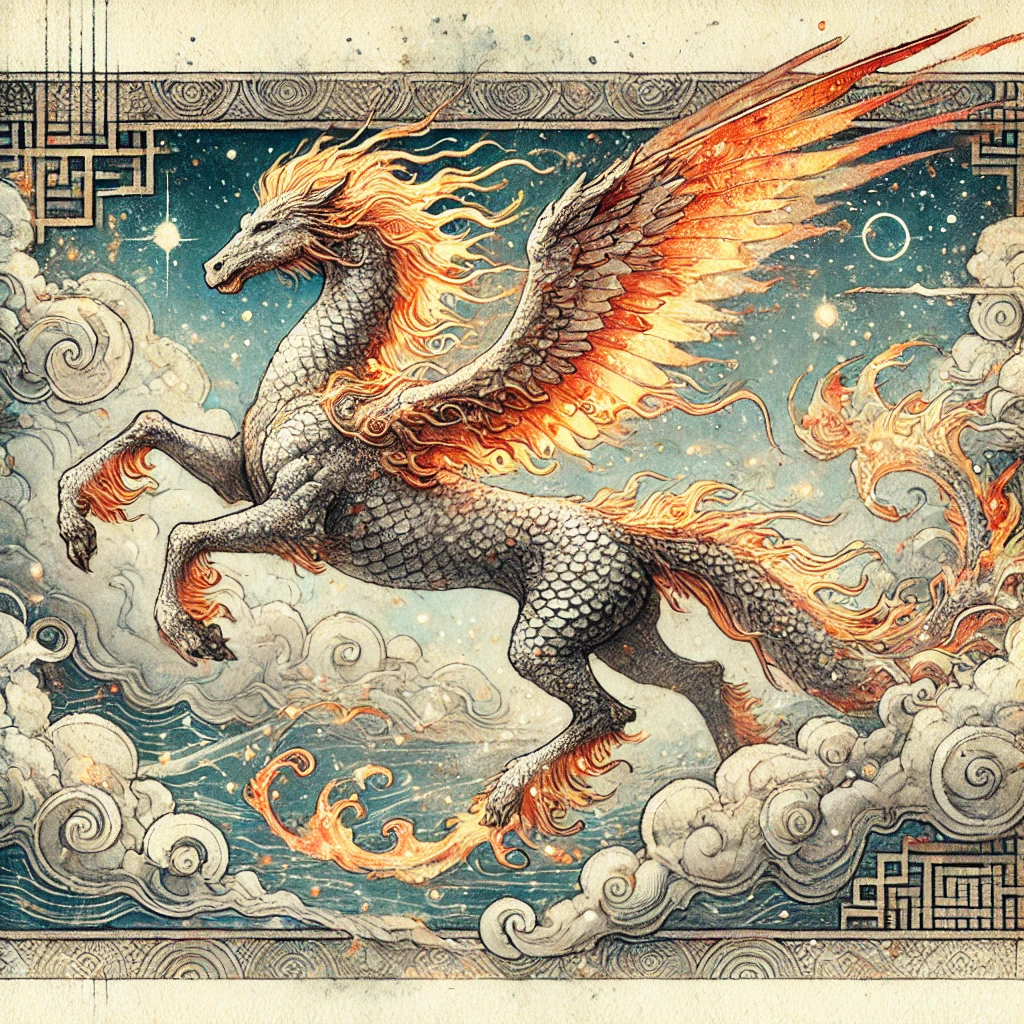 A longma, a creature that looks like a flaming winged horse-dragon, flying through the clouds