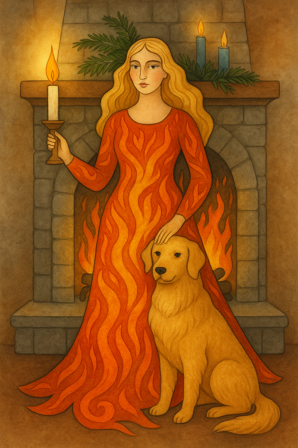 A woman in a fire dress holds a candle and pets her golden retriever in from of her fireplace