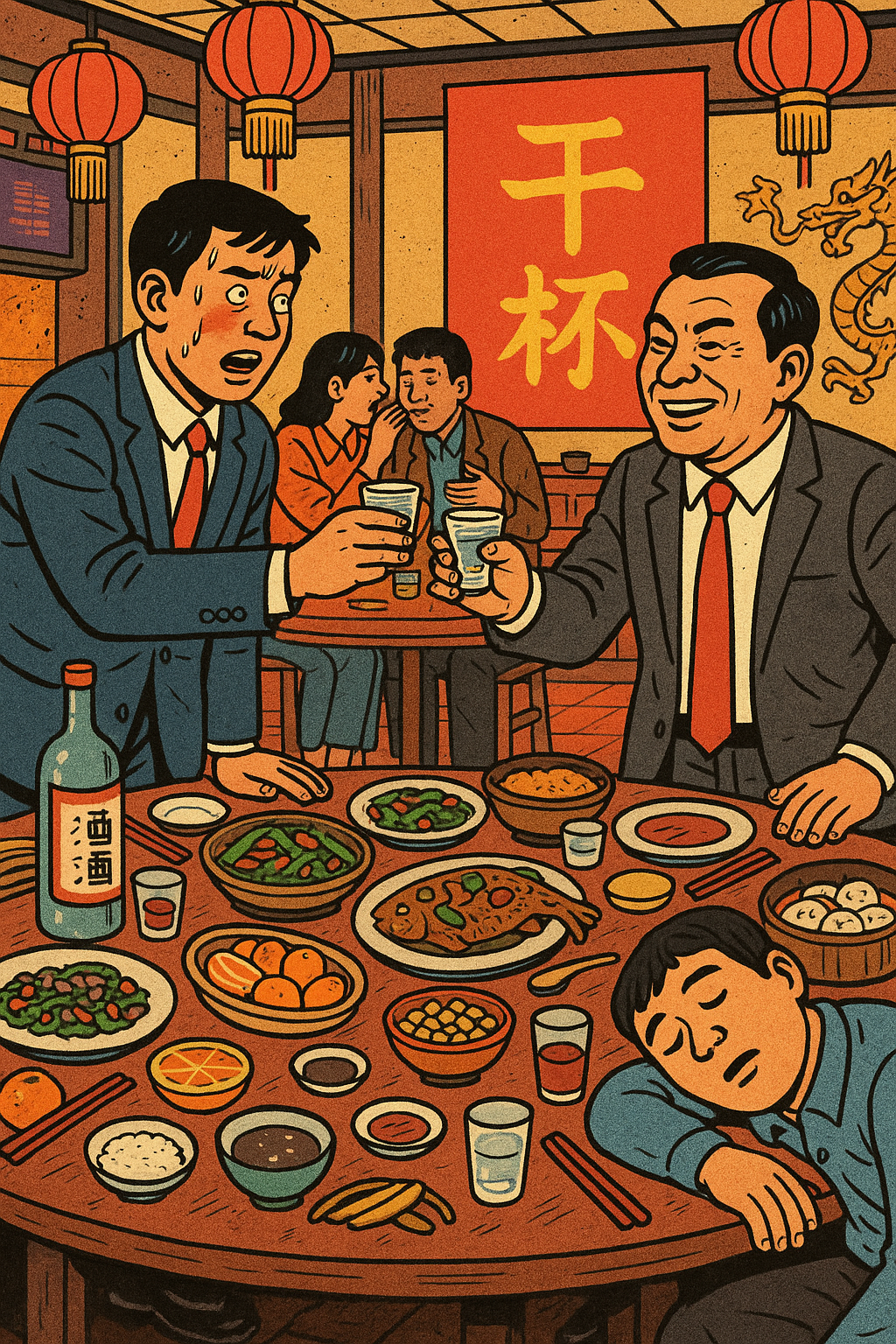 A middle-aged man toasts a nervous, drunken man at a Chinese ganbei ceremony by a table laden with food and a passed-out man, while couple whispers at another table