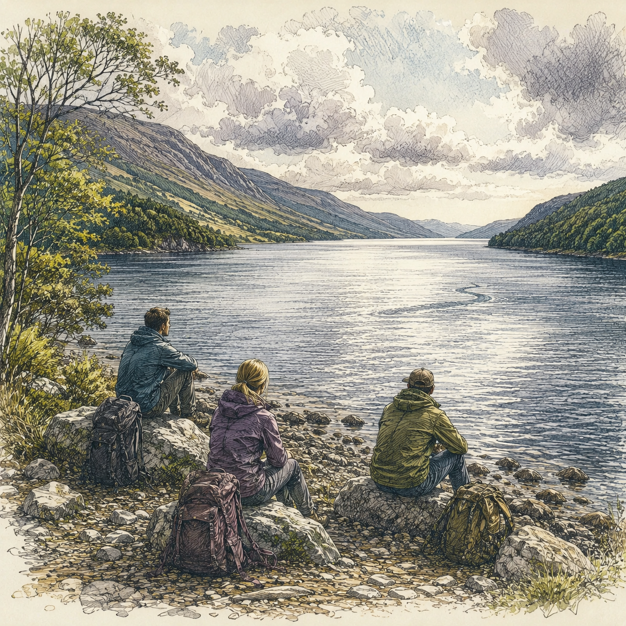Three hikers pause at Loch Ness on Great Glen Way in Scotland to look at a mysterious shape in the water