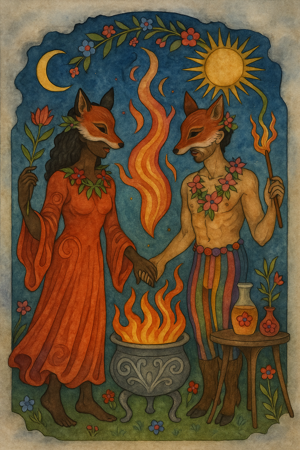 Two Wiccans in fox masks and floral bands hold hands by a flaming cauldron at Beltane