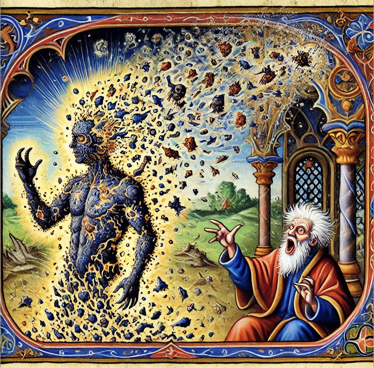 A biblical spirit breaks apart into small pieces while a raving madman looks on