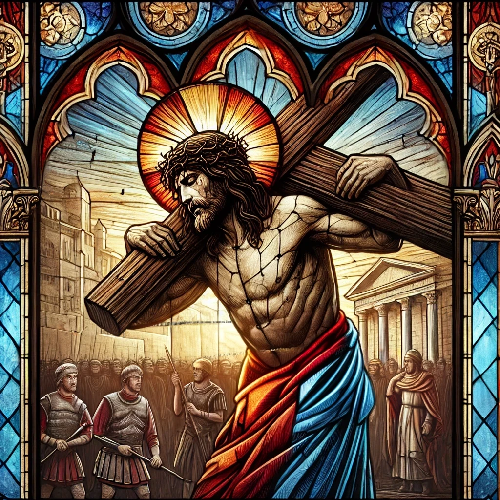 Stained glass style illustration of Jesus carrying the Cross