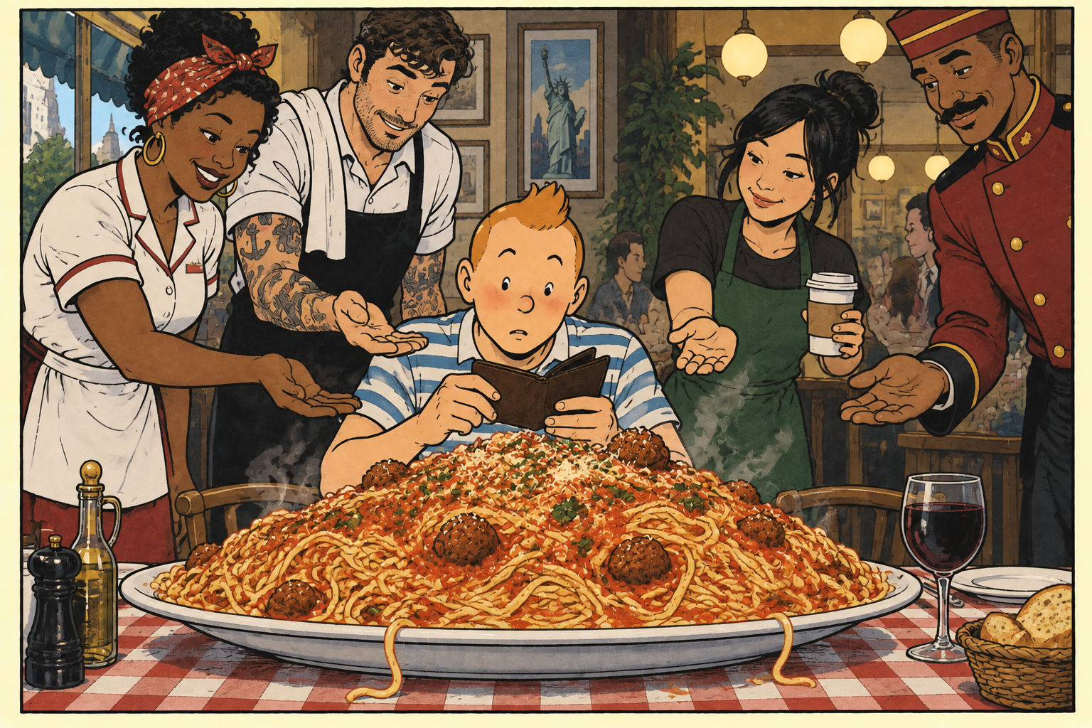 A bunch of people hold out their hands for money while a man looks into his wallet in front of a massive plate of spaghetti and meatballs