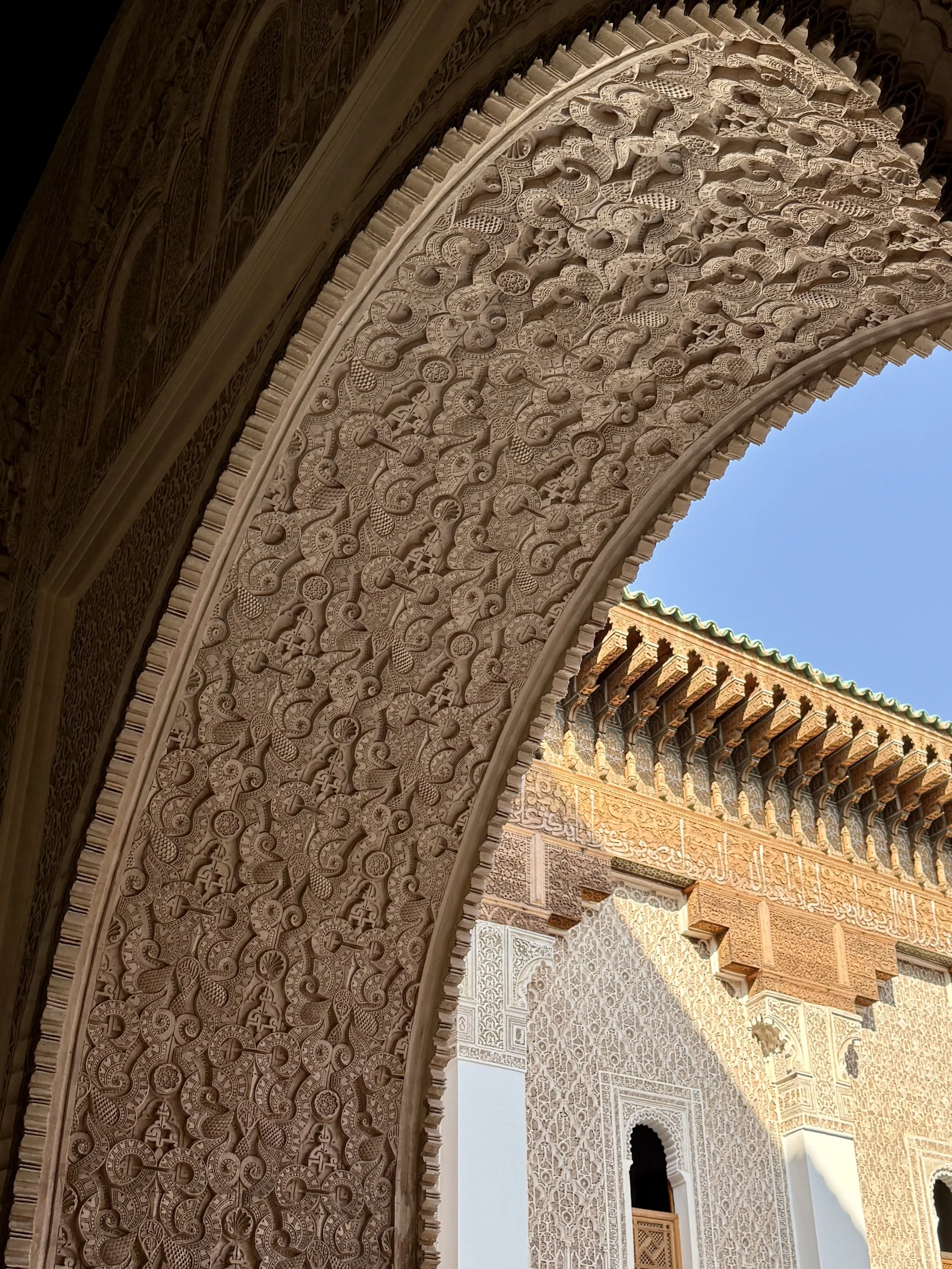 Carved arch  in the prayer hall looking into the courtyard of Ben Youssef Madrasa