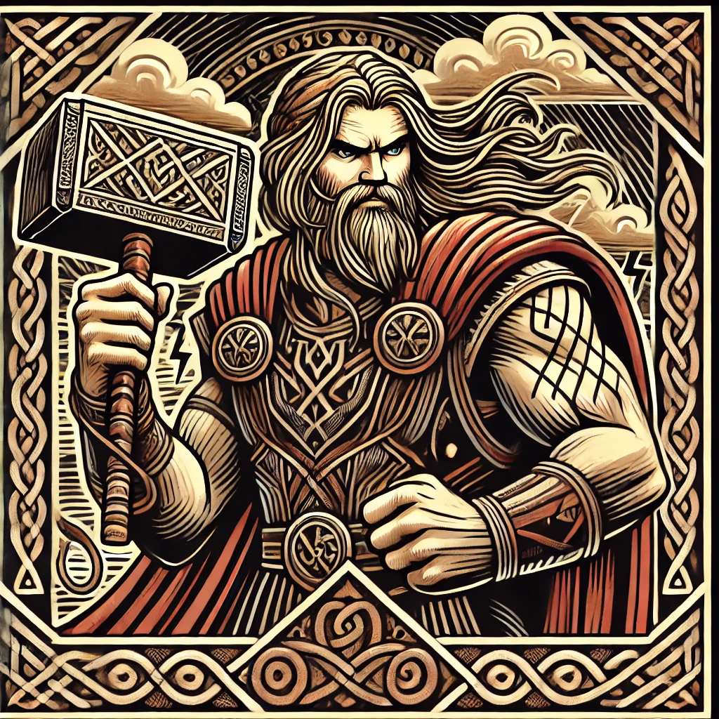 The Norse god Thor, holding his hammer in a border of runes