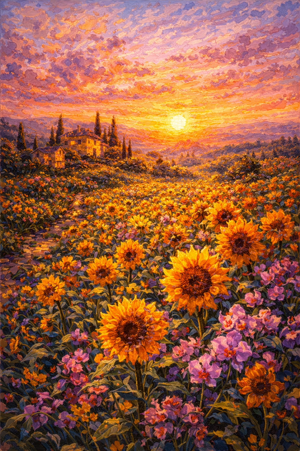 Sunflowers grow among other flowers in the rolling hills of Tuscany at sunset, with a villa in the distance