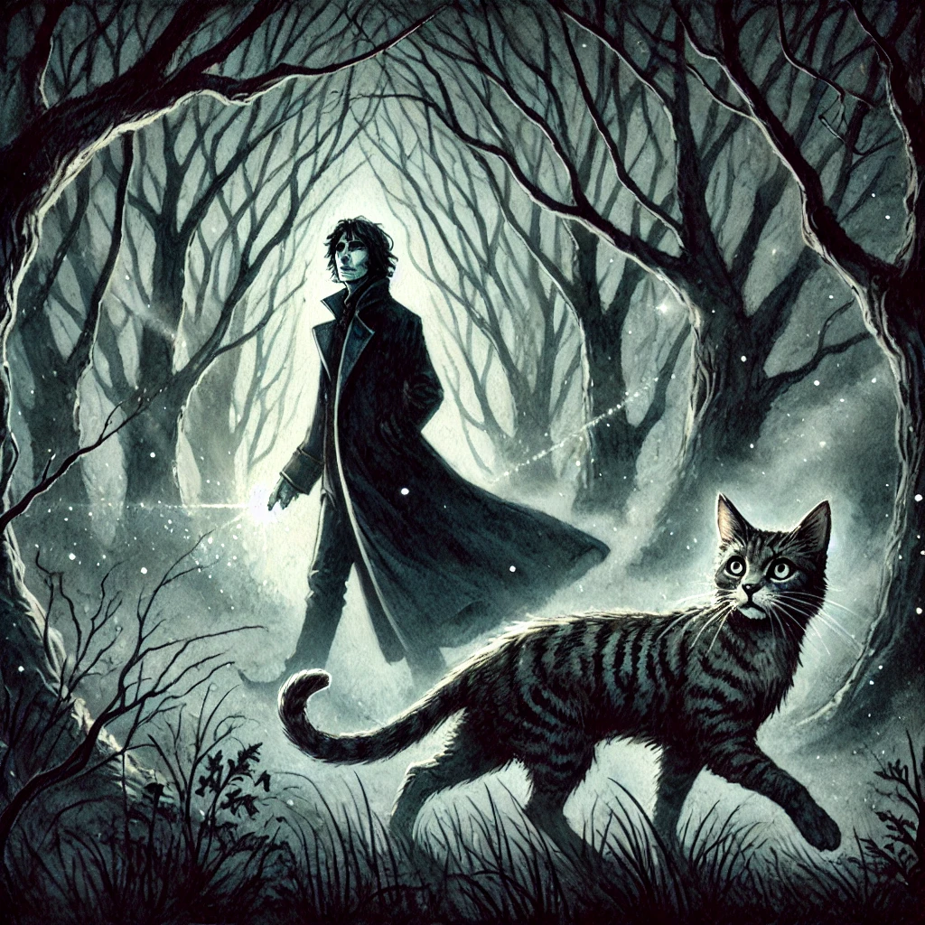 A man in a long coat walks through the woods at night with a tiger-striped cat