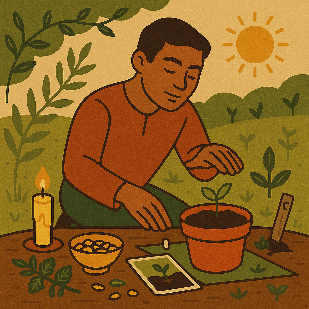 A man performs a spell to plant seeds of intention at the equinox