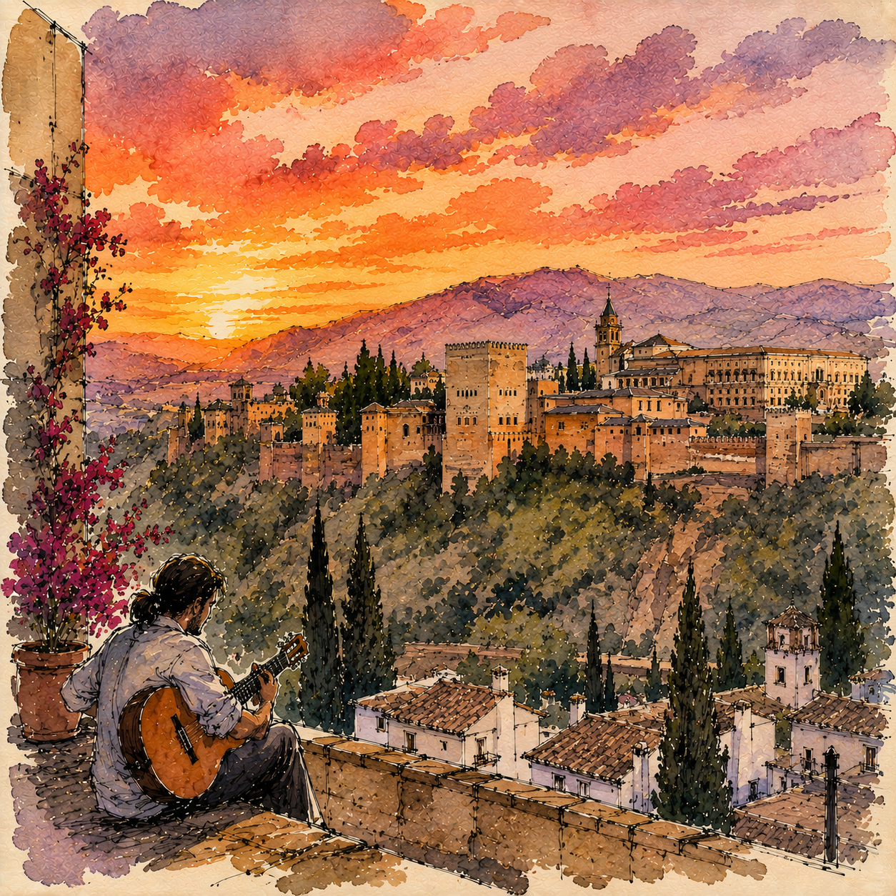 A man with a ponytail plays a guitar while looking at the Alhambra in Granada, Spain at sunset
