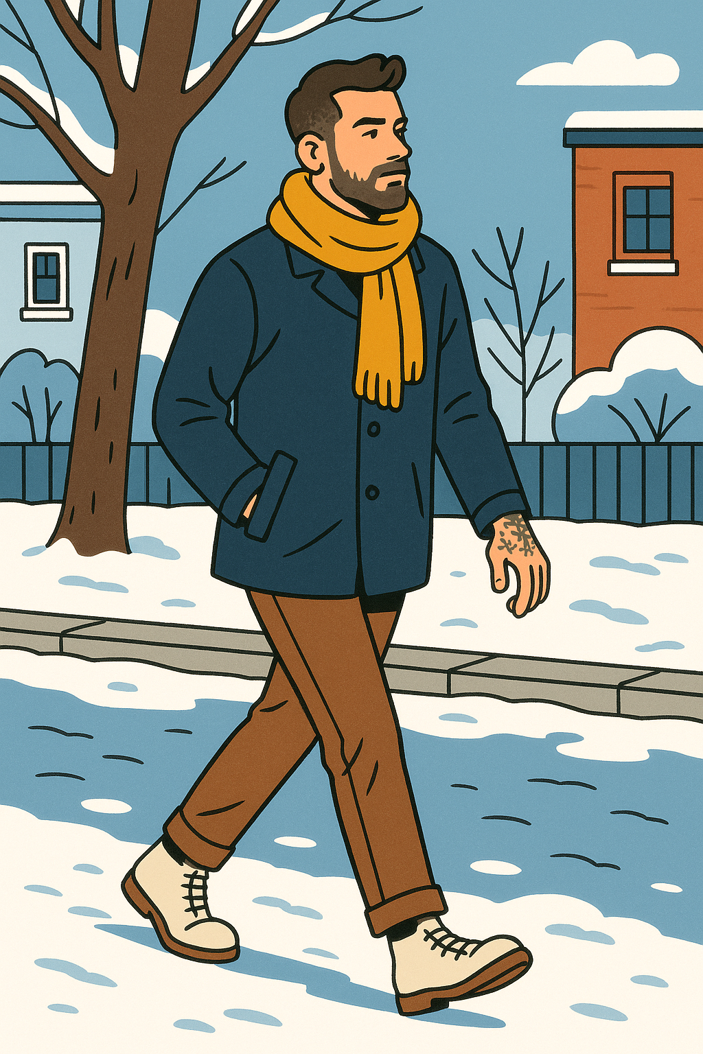 A man walks along a snowy street in a winter coat and yellow-orange scarf