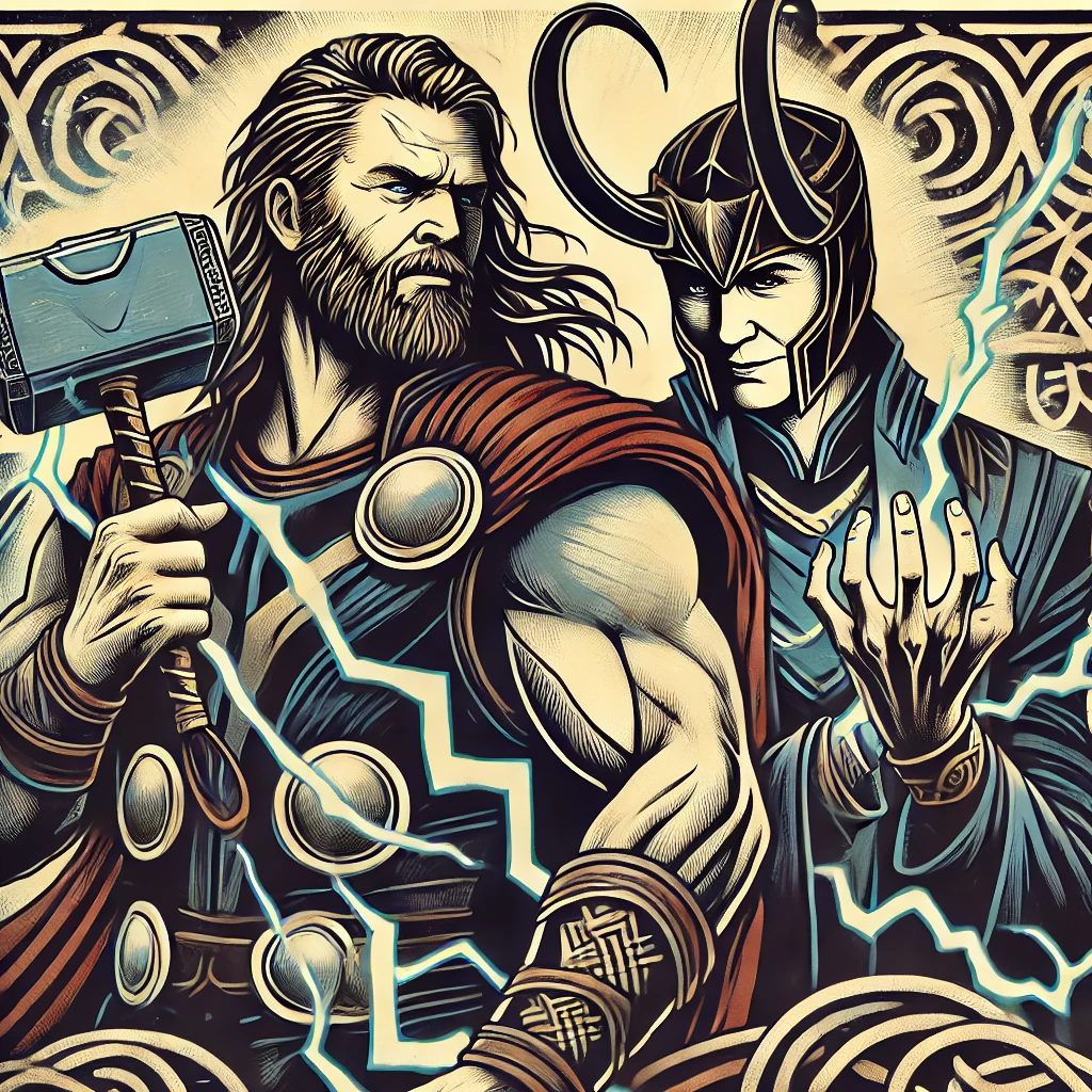 Thor holds his hammer and Loki works his magic