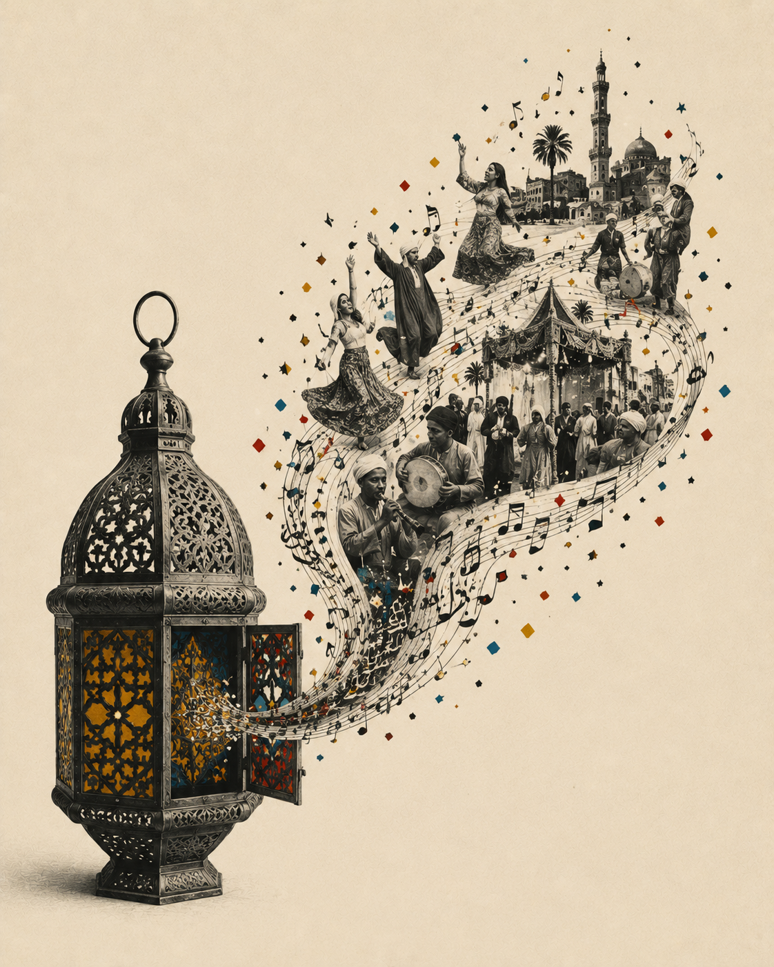 Music notes and people dancing at an Egyptian festival flow out of a lantern