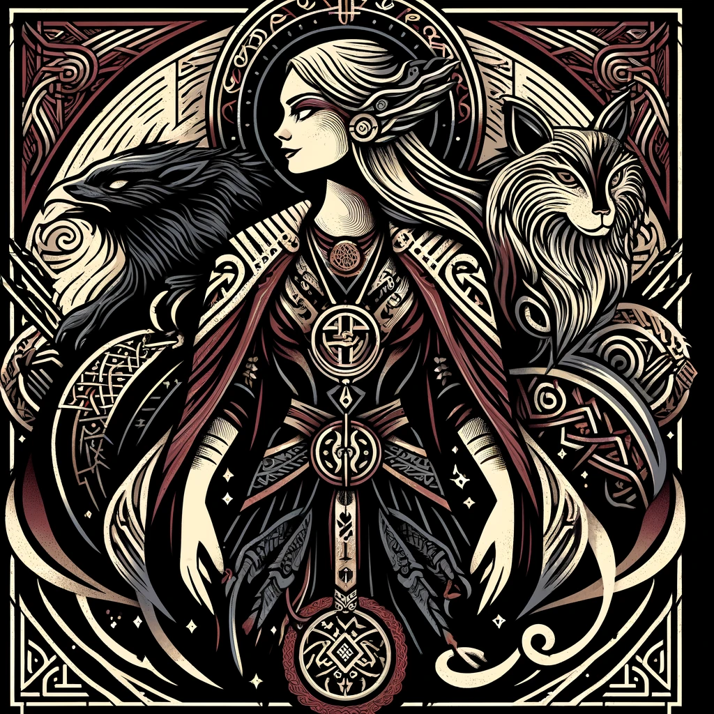The Norse goddess Freyja, with a raven and cat
