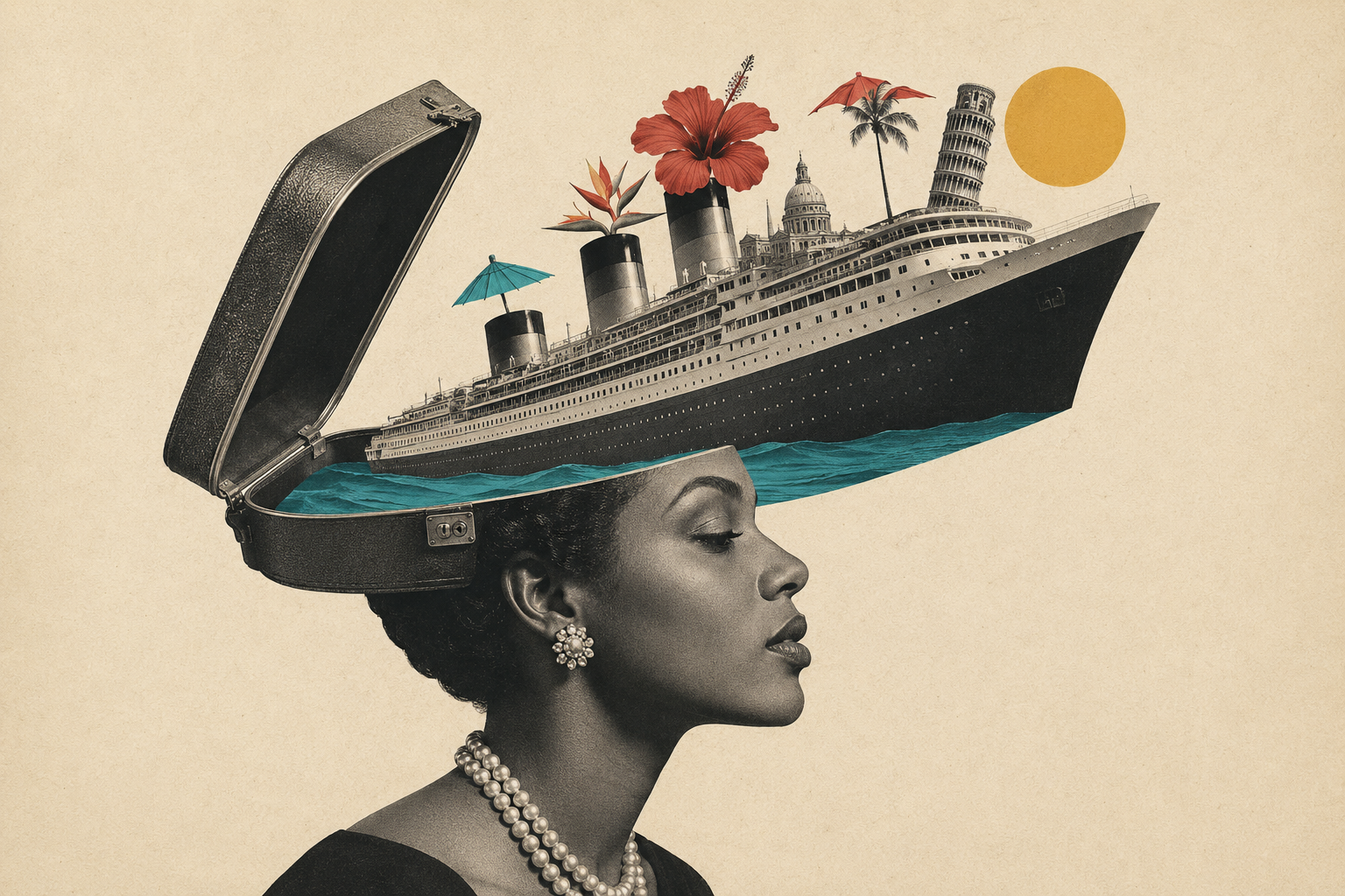 Collage of woman's head with a suitcase opening, as a cruise ship emerges, with umbrellas, flowers, and famous landmarks