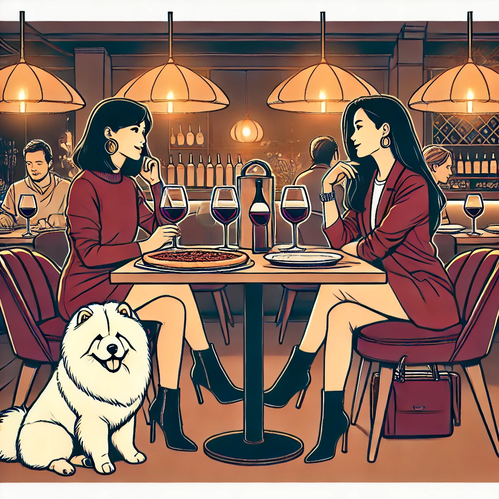 Two chic women drink red wine and eat pizza with their chow chow at a restaurant in Hawaii