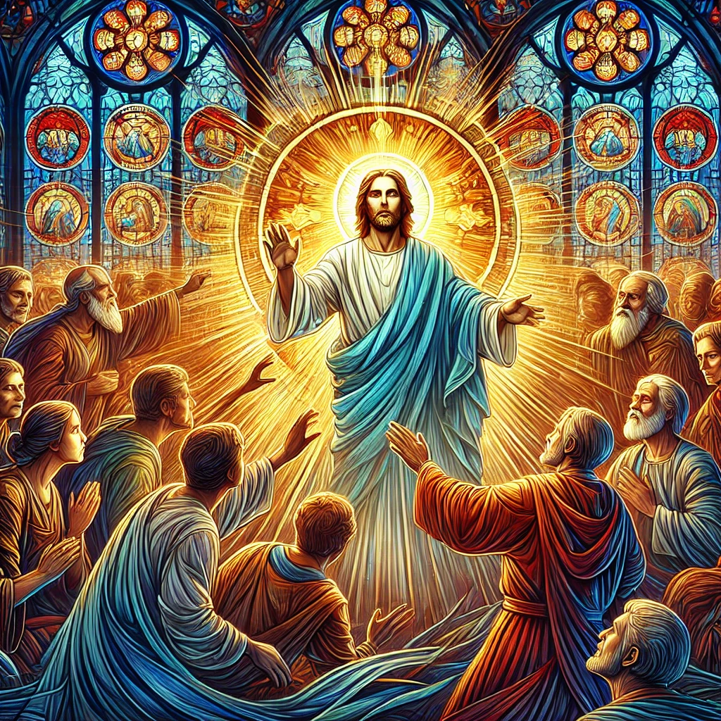 Stained glass style illustration of Jesus glowing in front of a crowd