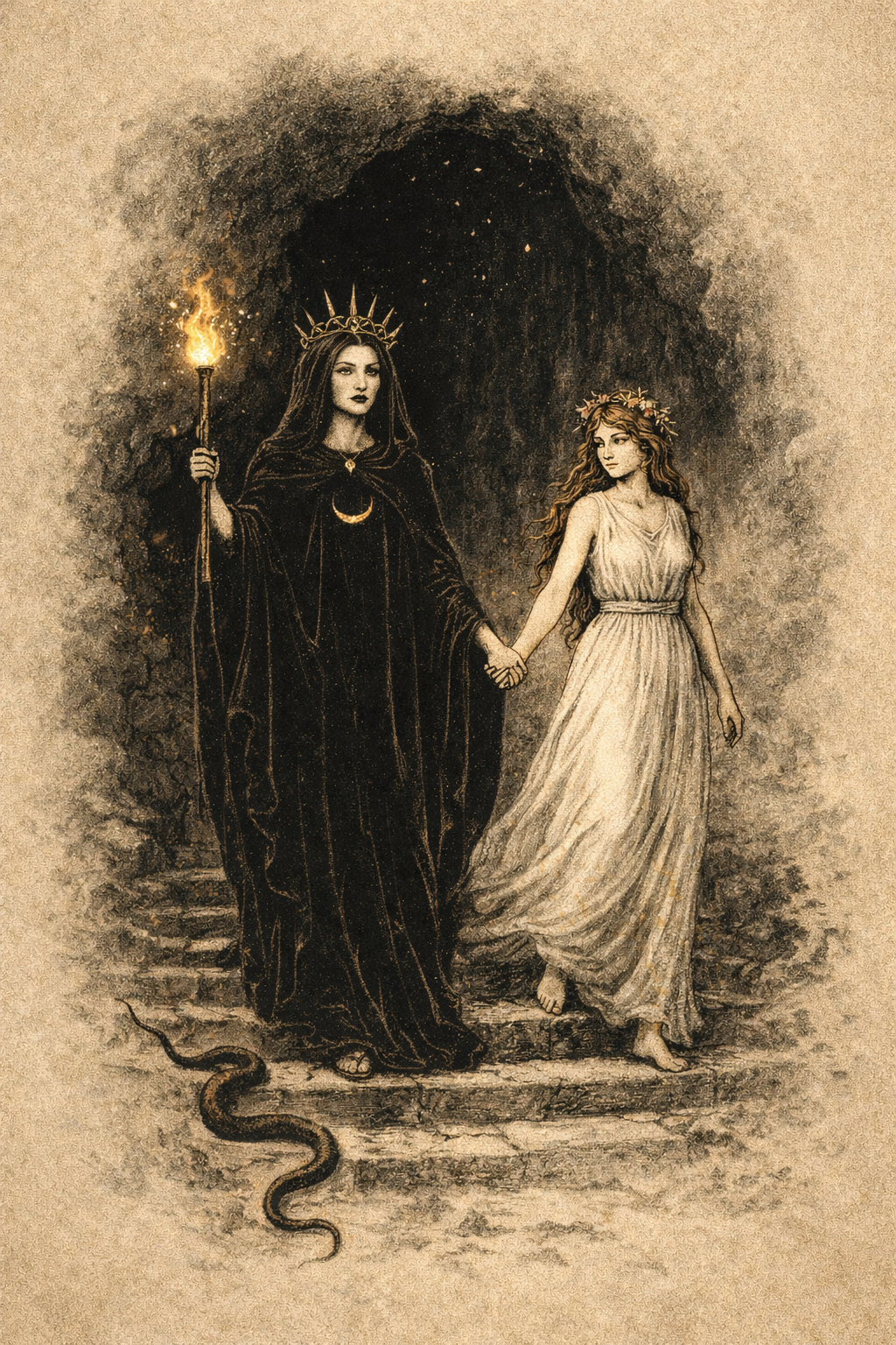 The goddess Hecate holds a torch and Persephone's hand, leading her out of Hades