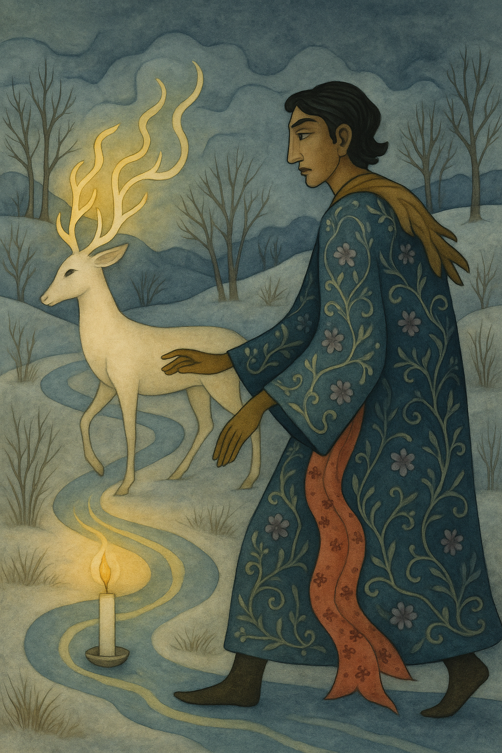 A man in floral robe walks along a path in the snow lit by a candle and light from the magical horns of a white deer