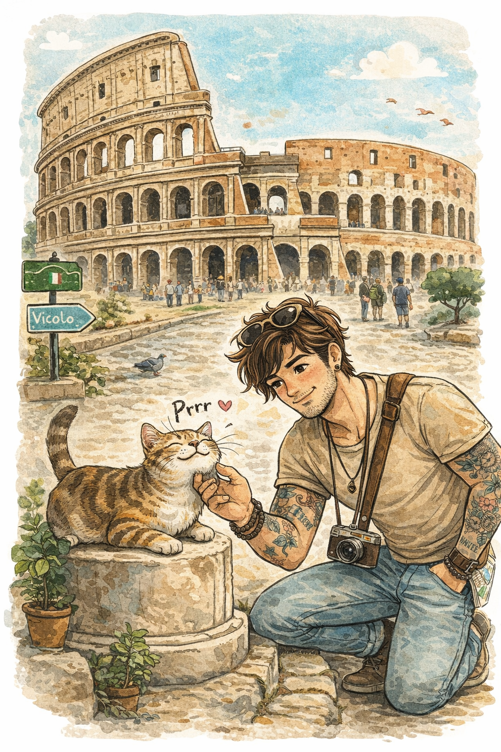 A young man with camera and tattoos scratches a purring kitty outside the Colosseum in Rome