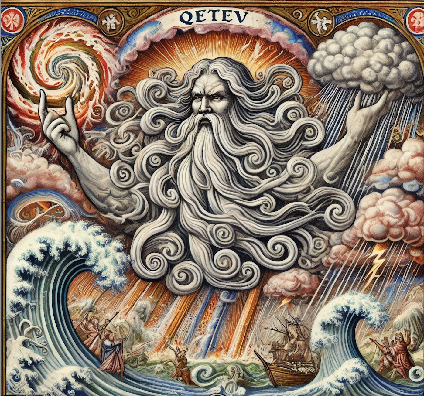 The demon Qetev, controlling whirlwinds and storms above ships in the sea