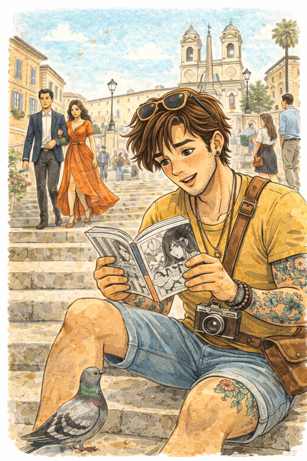 A boy reads manga on the Spanish Steps in Rome while a chic couple walks by him