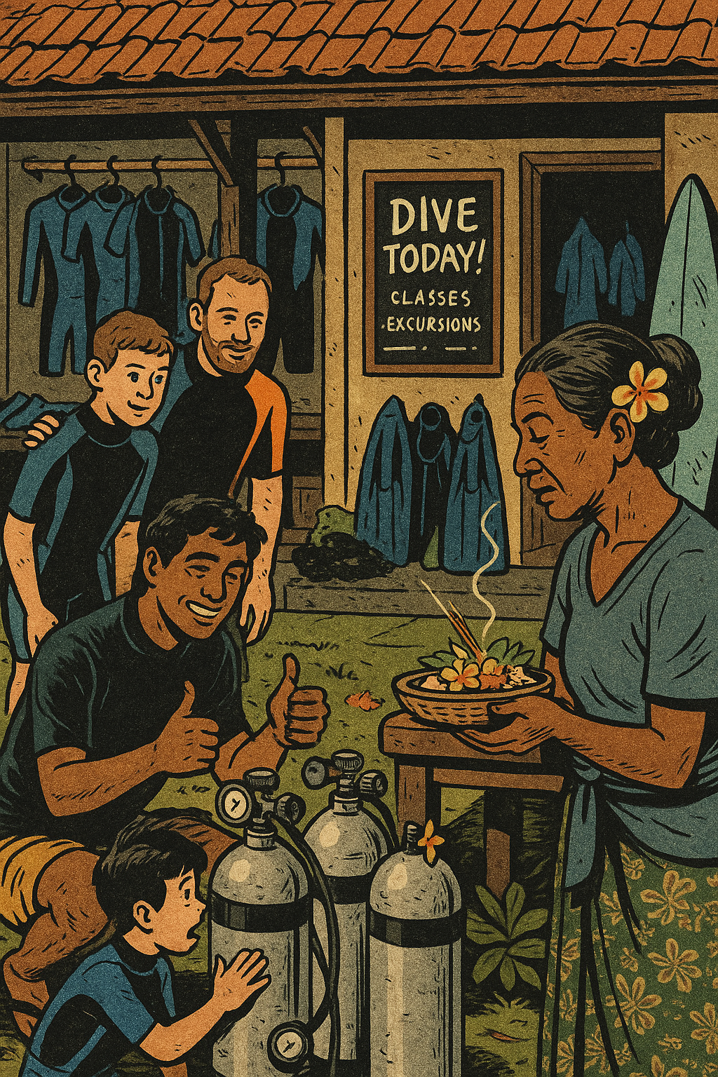 A Balinese man gives two thumbs up at a dive shop, while a tourist family puts on wetsuits and a Balinese woman carries an offering to the gods