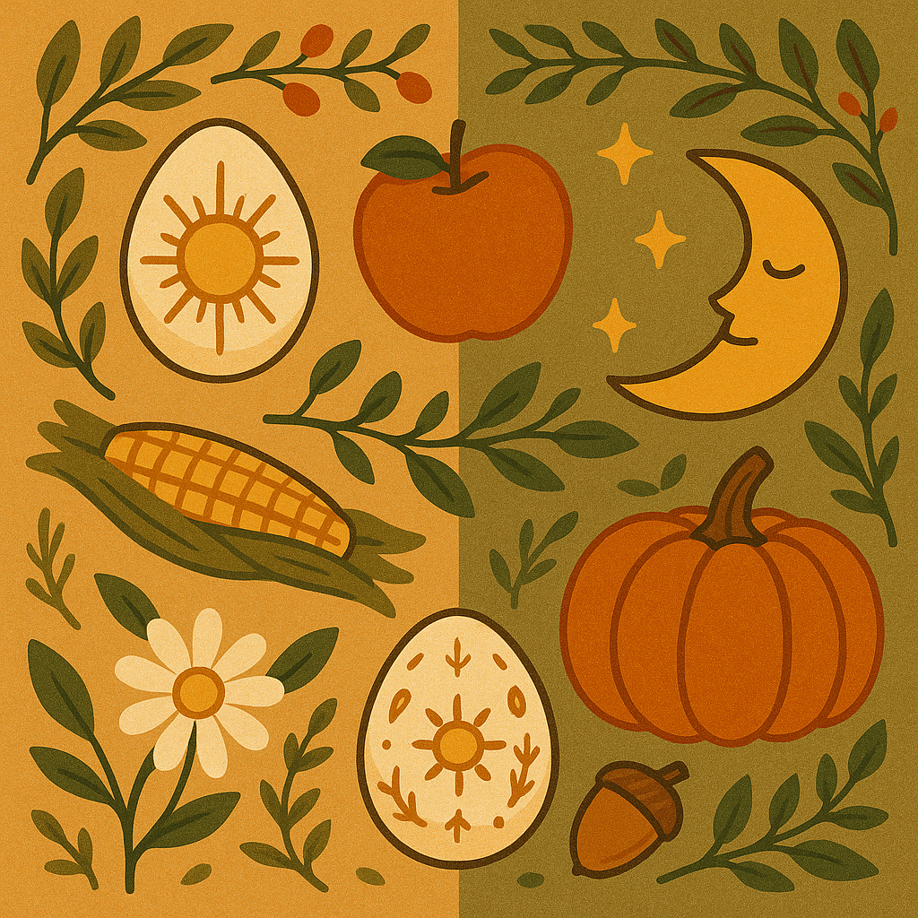 Symbols of Ostara and Mabon, the equinoxes: decorated eggs, apple, pumpkin, flowers, herbs and the moon and stars