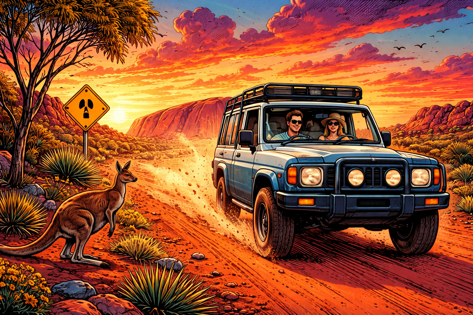 An SUV drives through the Australian Outback, past a kangaroo