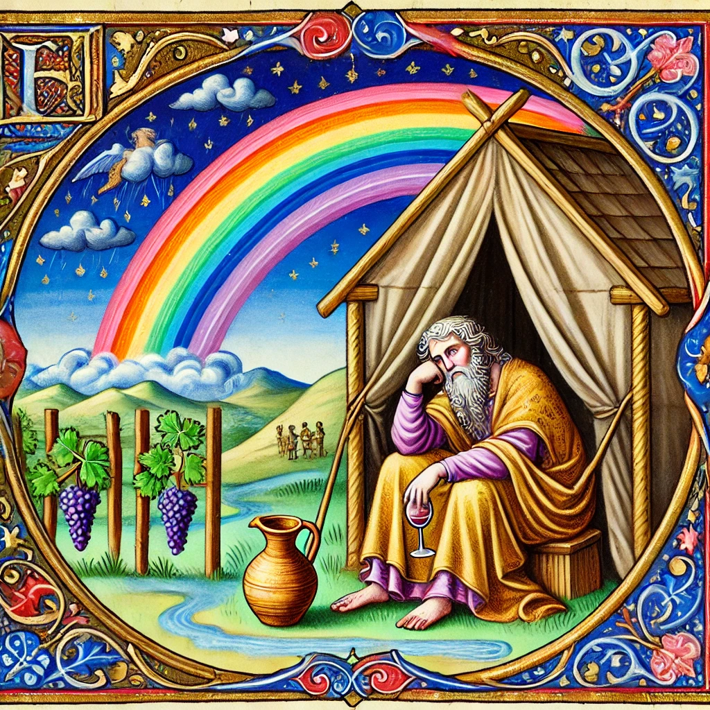 Noah sits in a tent, getting drunk on wine from his vineyard under a rainbow