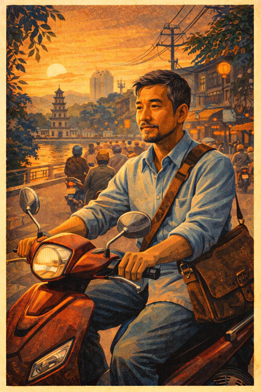 A man with a messenger bag rides a moped along the lake on the bustling steets of Hanoi, Vietnam